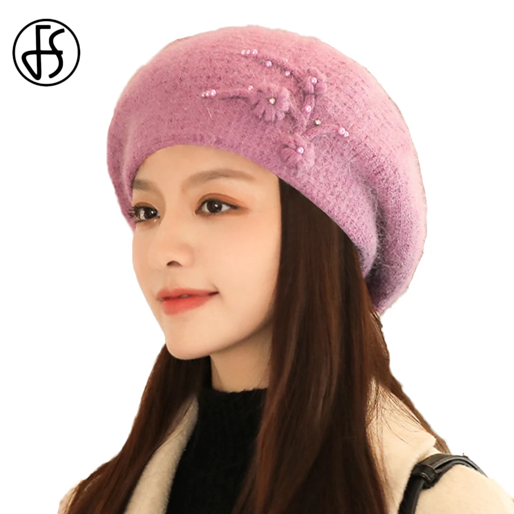 

FS Women Wool Knitted Beanies Hats Ear Protection Cap Girls Rabbit Fur Hat Gorros Bonnet Femme Flower Beads Beret Fashion Korean