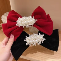 elegant velvet pearl barrettes bow hair clip bow hairpins vintage women girls black wine red bow hair clip tie prom accessories