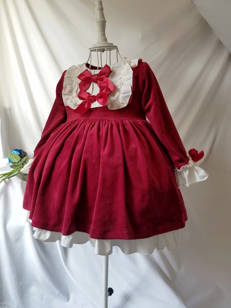 Осенне-зимнее красное рождественское платье для маленьких девочек, Vestidos, винтажное платье принцессы с длинными рукавами для дня рождения, от 1 до 5 лет