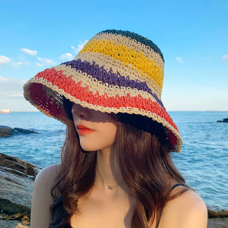 

Cool Summer Women Straw Hat bucket hat rainbow Crochet foldable Wide Brim Panama hat female beach sun visor Cap