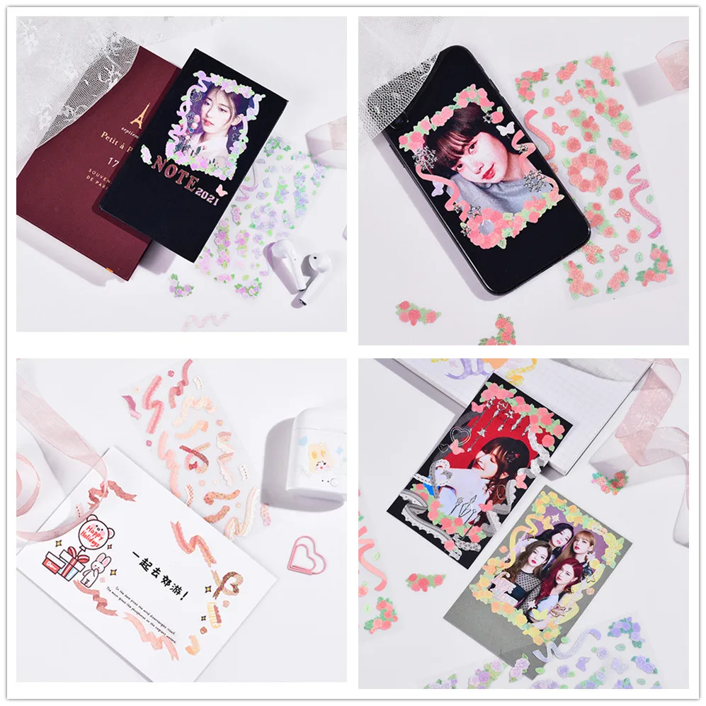 

Sequin Ribbon Kawaii Sticker Color Rose Bouquet Cute Stickers Photo Album DIY Scrapbook Diary Decoration Sticker