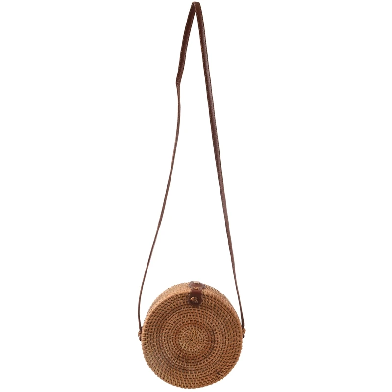 Bali Vintage Handmade Crossbody Leather Bag Round Beach Bag Girls Circle Rattan Bag Small Bohemian Shoulder Bag