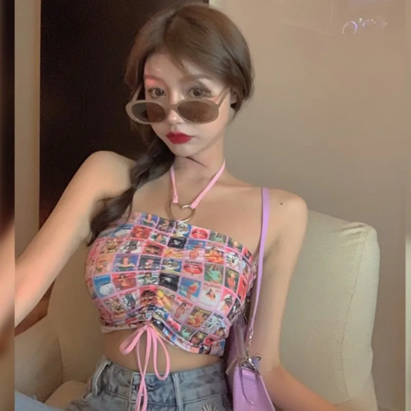 

2021 Spring Summer New Street Shooting Fashionable Printed Halter Vest Camisole Women Korean Fashion Sexy Slimming Outerwear Top