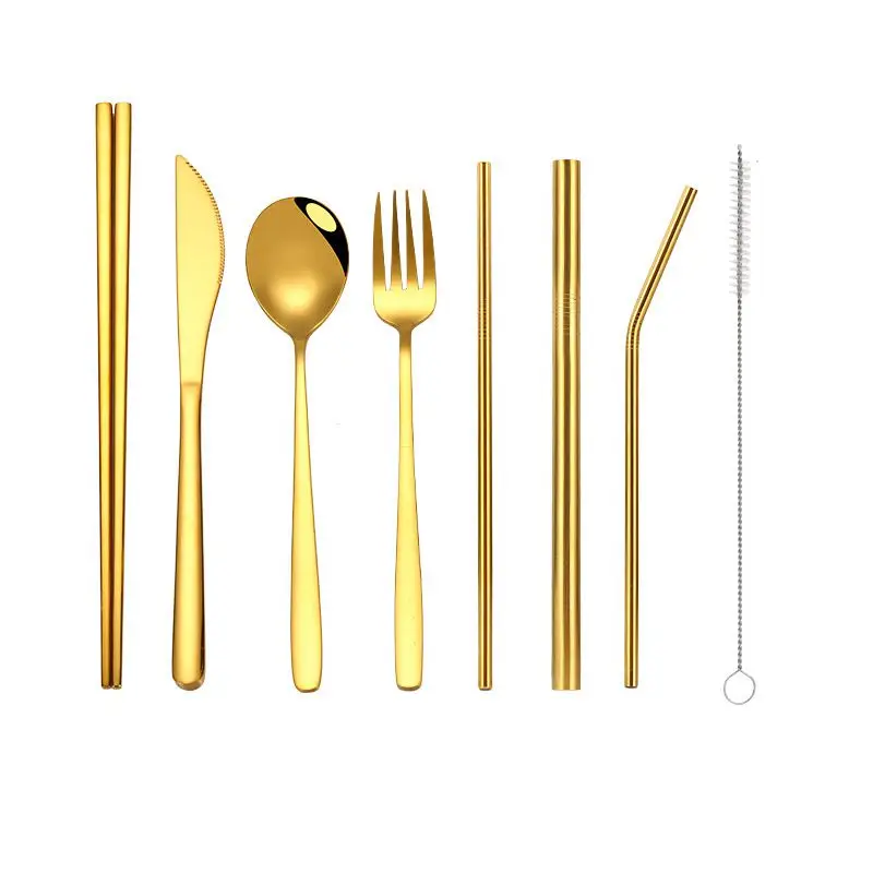 

Portable Stainless Steel Cutlery Fork Spoon Straw Brush Set Travel Utensils Flatware Tableware With Linen Carrying Case