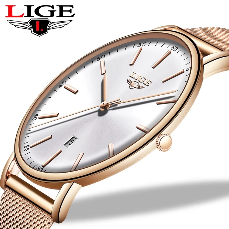 Stainless Steel Ultra-Thin Casual Wristwatch Ladie Quartz Clock For Women LIGE Top Brand Luxury Waterproof Watch Womens Watches