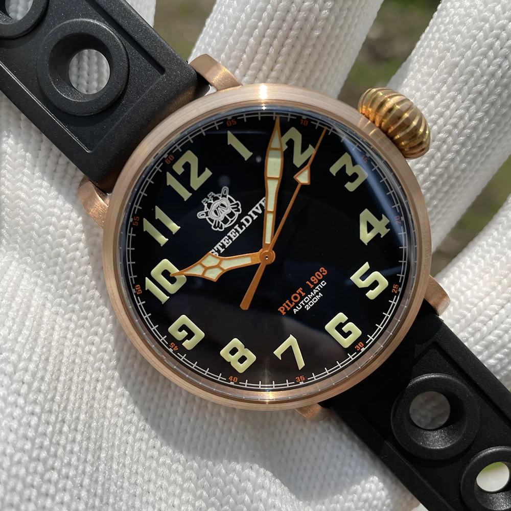 

Мужские наручные часы Steeldive SD1903S, бронзовые часы-пилот CUSN8 с черным циферблатом, сапфировым стеклом, Водонепроницаемость 200 м NH35, мужские часы...