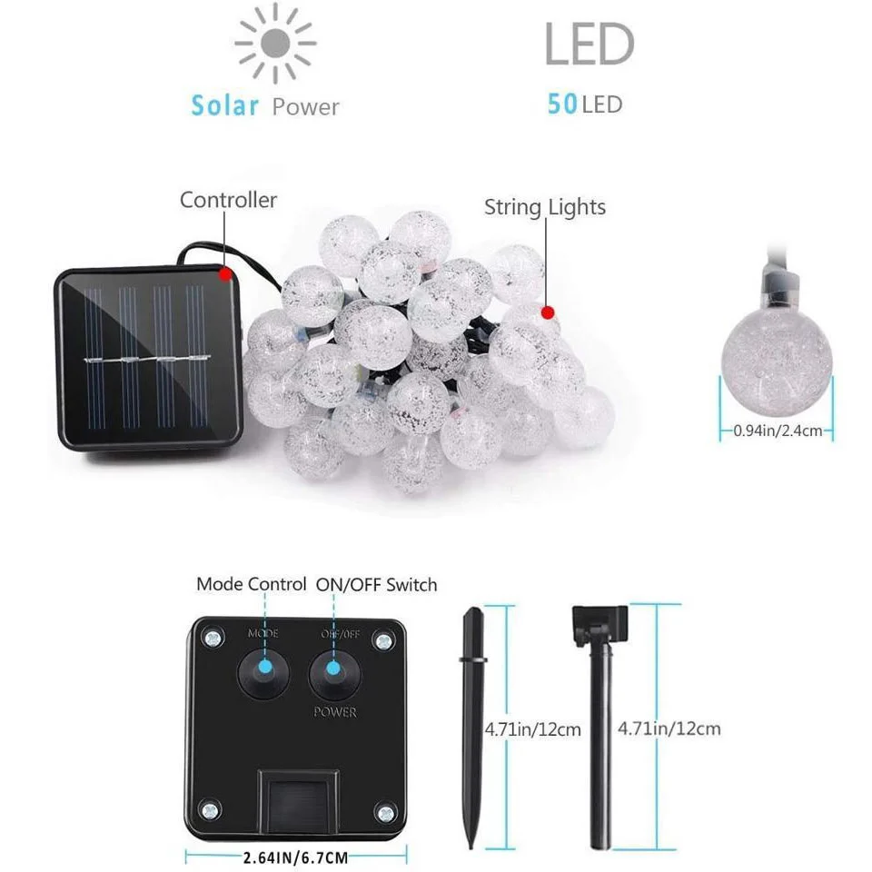 

50 Leds 10M Crystal Ball Solar Light Outdoor IP65 Waterproof String Fairy lamps Solar Garden Slinger Christmas decoration