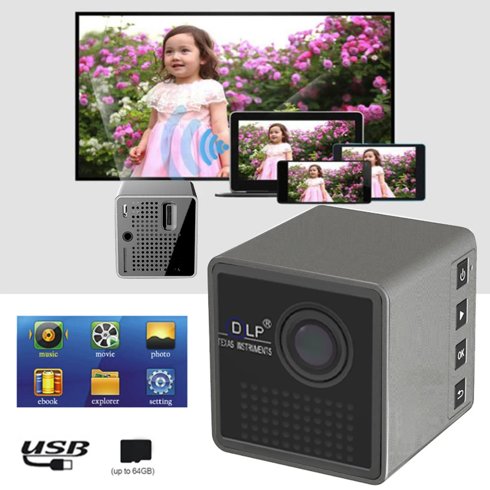Карманный проектор P1S Ultra HD для домашнего кинотеатра мини DLP с Wi Fi встроенный экран