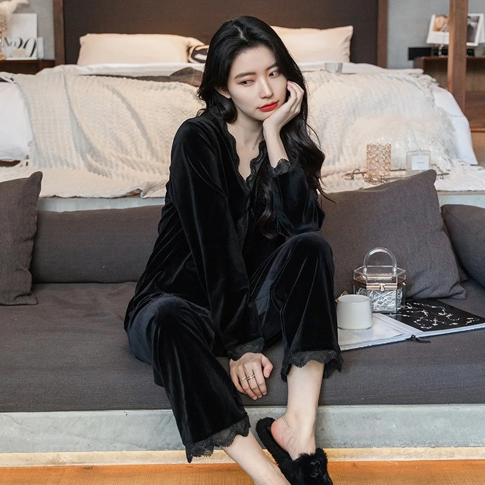Gold Velvet Pajamas for Women Autumn and Winter Long-sleeved Lace Home Service Ins Sweet Cardigan Suit Women's Pajamas Set