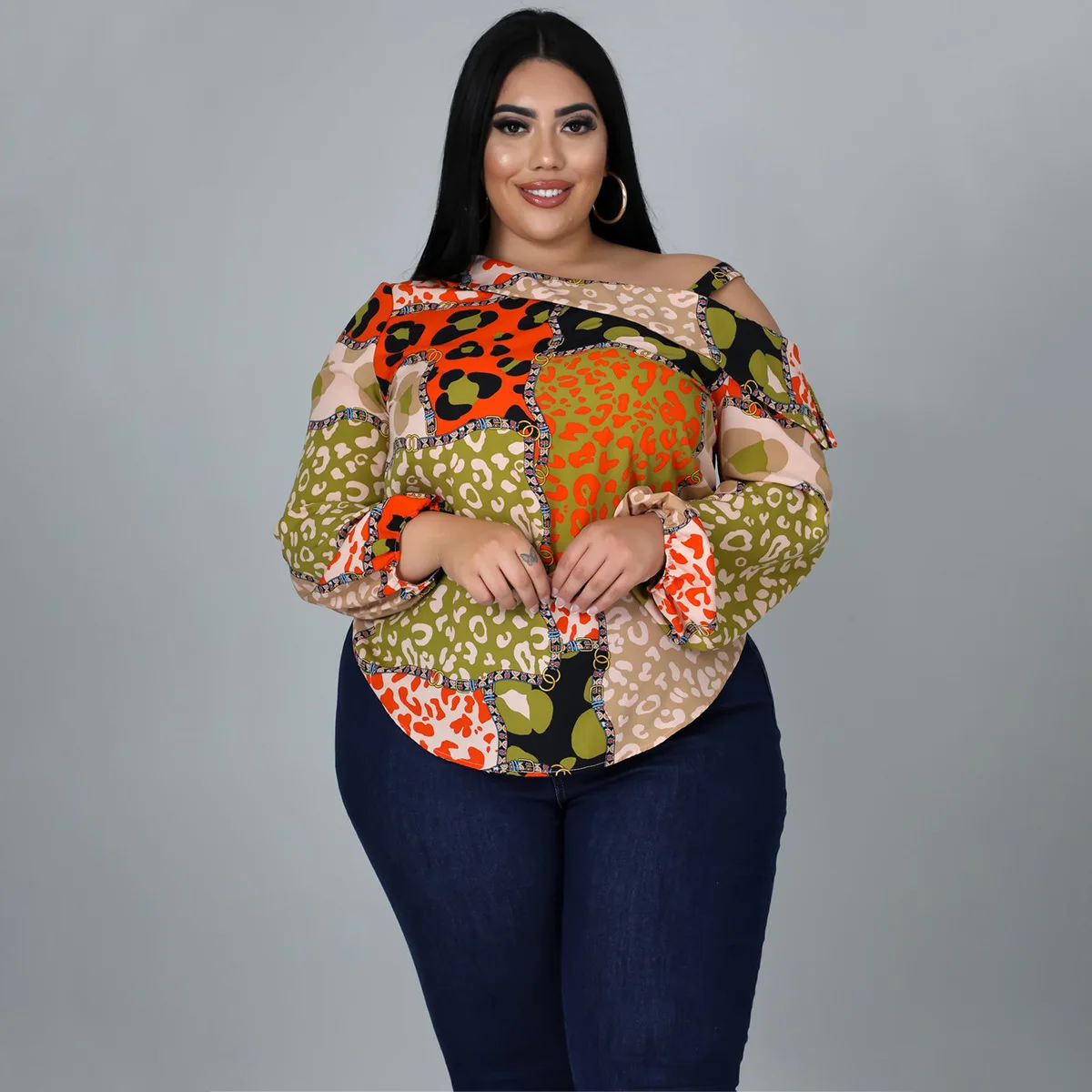 

Plus Size Tops 4XL Women Long Lantern Sleeves Floral Printed Straple Bouses Office Lady Casual Evening Party Shirts 2022 Spring
