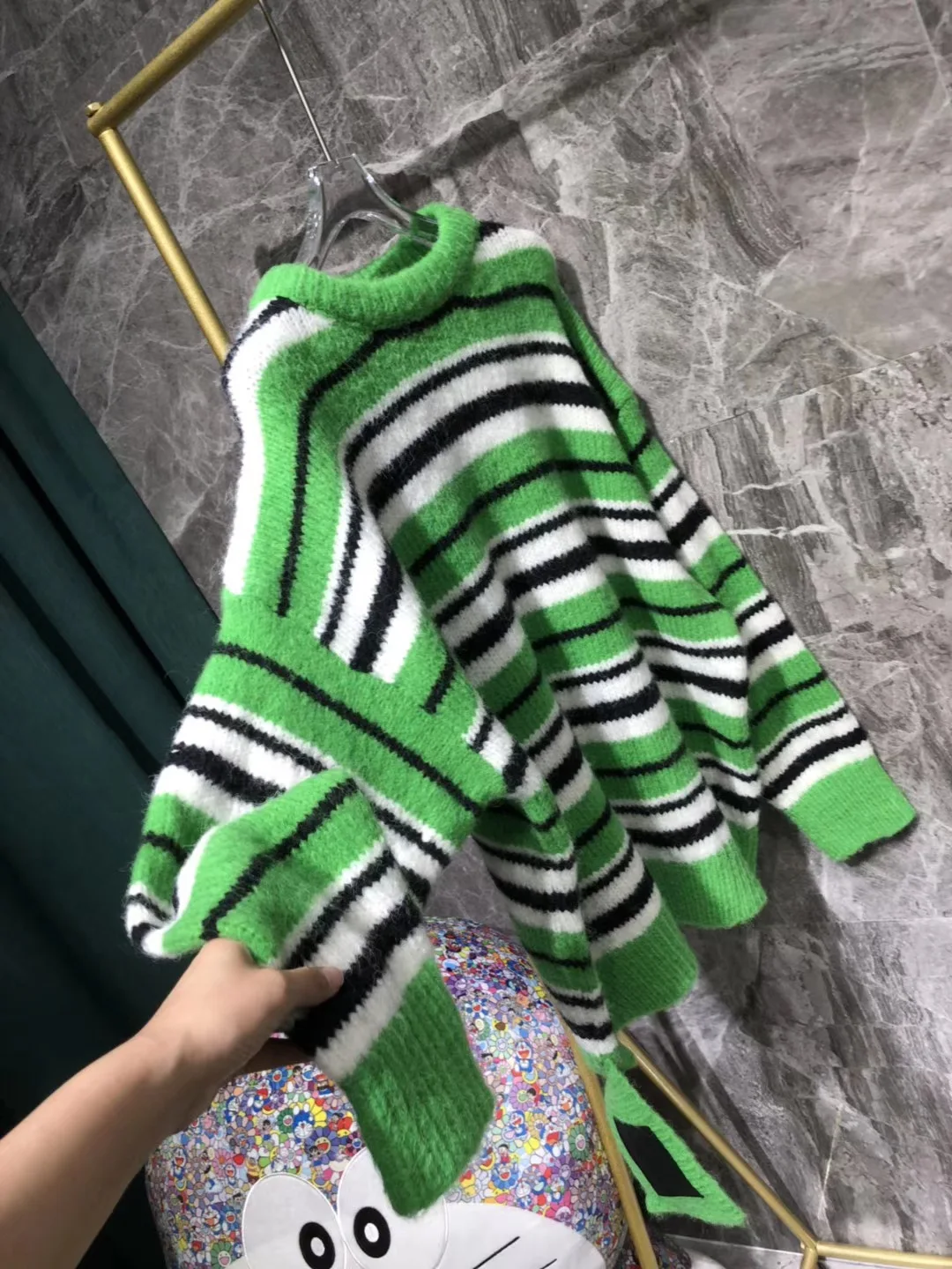 

High Quality Harajuku Contrast Striped Sweater Green Color Block Ribbed Knit Slim Tops Sweater Women Pullovers