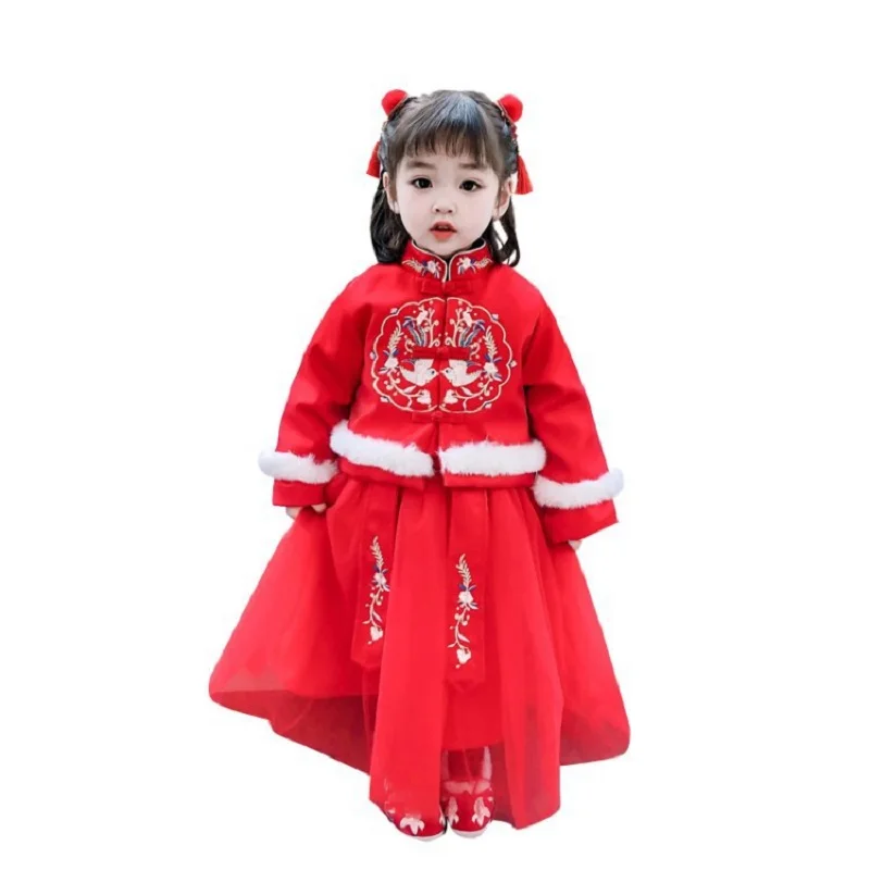 

Christmas Children's Clothing Dress for Girls Winter Warm New Year Suit Cotton-padded Kids Chinese Red Mesh Dress 2021 #90-130