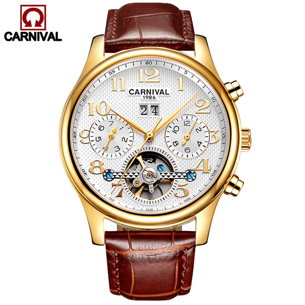 CARNIVAL Men Automatic Mechanical Watch Luxury Leather Watch Luminous Waterproof Business Tourbillon Watches Relogio Masculino