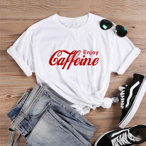 White-Red ONSEME, женская уличная одежда, повседневные футболки, Enjoy Caffeine, футболка с буквенным принтом, женские Забавные футболки Cola, Harajuku, базовая хлопковая футболка - Цвет: White-Red