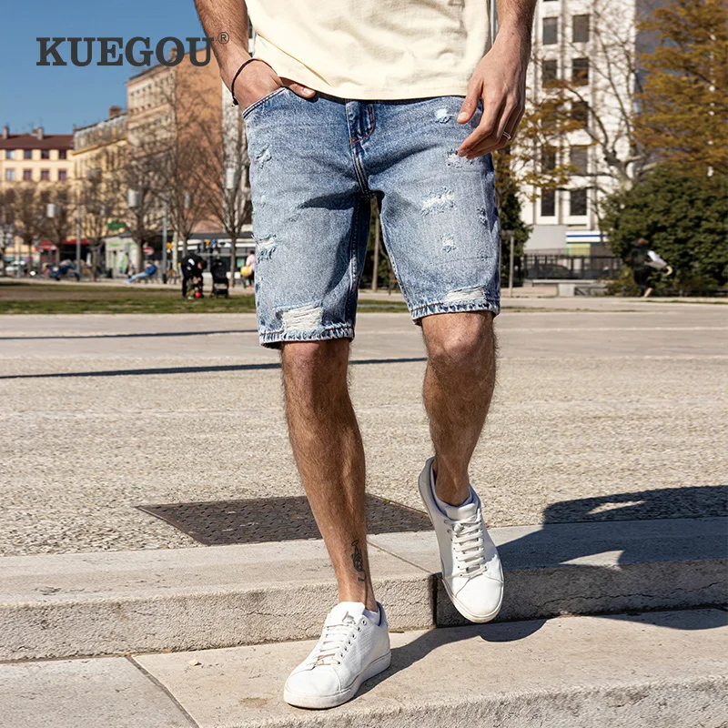 

KUEGOU 2022 Cotton Stretch Denim Short Vintage Wear Hole Men Fashion Jeans Summer Worn-out High Quality Clothing Blue KK-3055