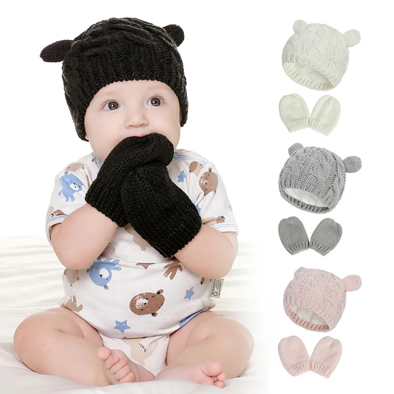 

1Set Autumn Winter Warm Knitted Baby Gloves+Baby Hats Set with Big Ears Cute Cartoon Knitted Newborn Baby Gloves+Hats
