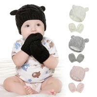 1set autumn winter warm knitted baby glovesbaby hats set with big ears cute cartoon knitted newborn baby gloveshats