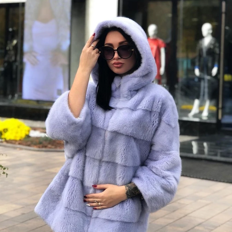 Шуба норковая Женская с капюшоном светло-фиолетовая теплая повседневная средней