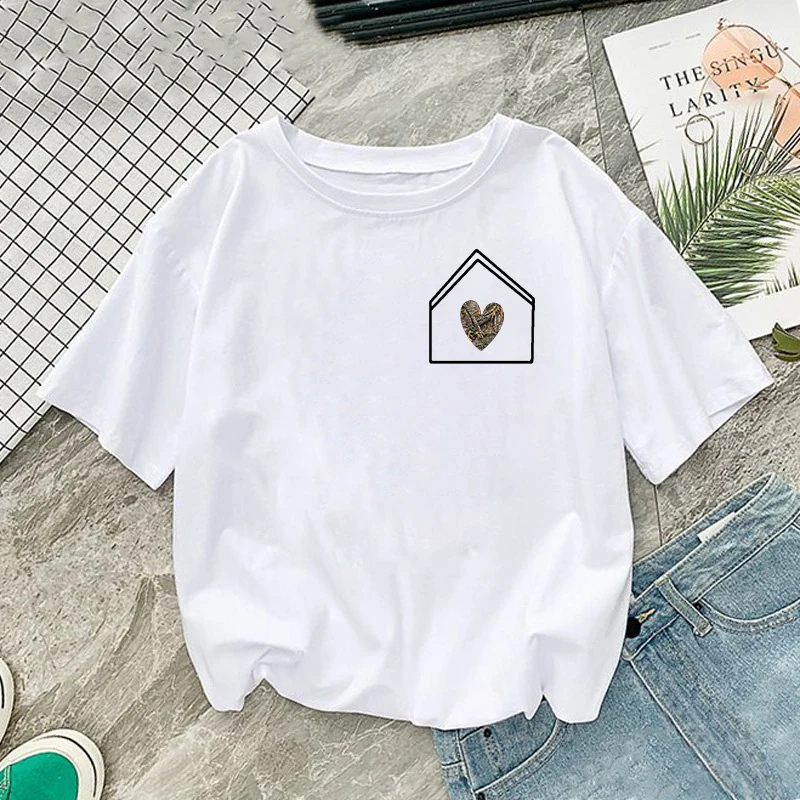 

T-shirt New Women Heart Printed Cute Pattern Fashion Style 2022 Summer Clothes Graphic Lady Tshirt Tops White Tees