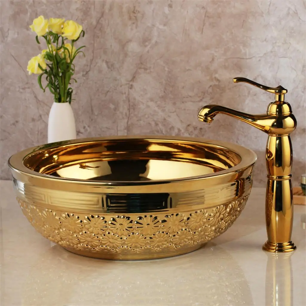 Basin Set 05 Torayvino, ванная комната, Твердый латунный кран для раковины, набор, золотой роскошный керамический кран для туалета, умывальник, раковина, ванна, комбинированный смеситель, слив - Цвет: Basin Set 05