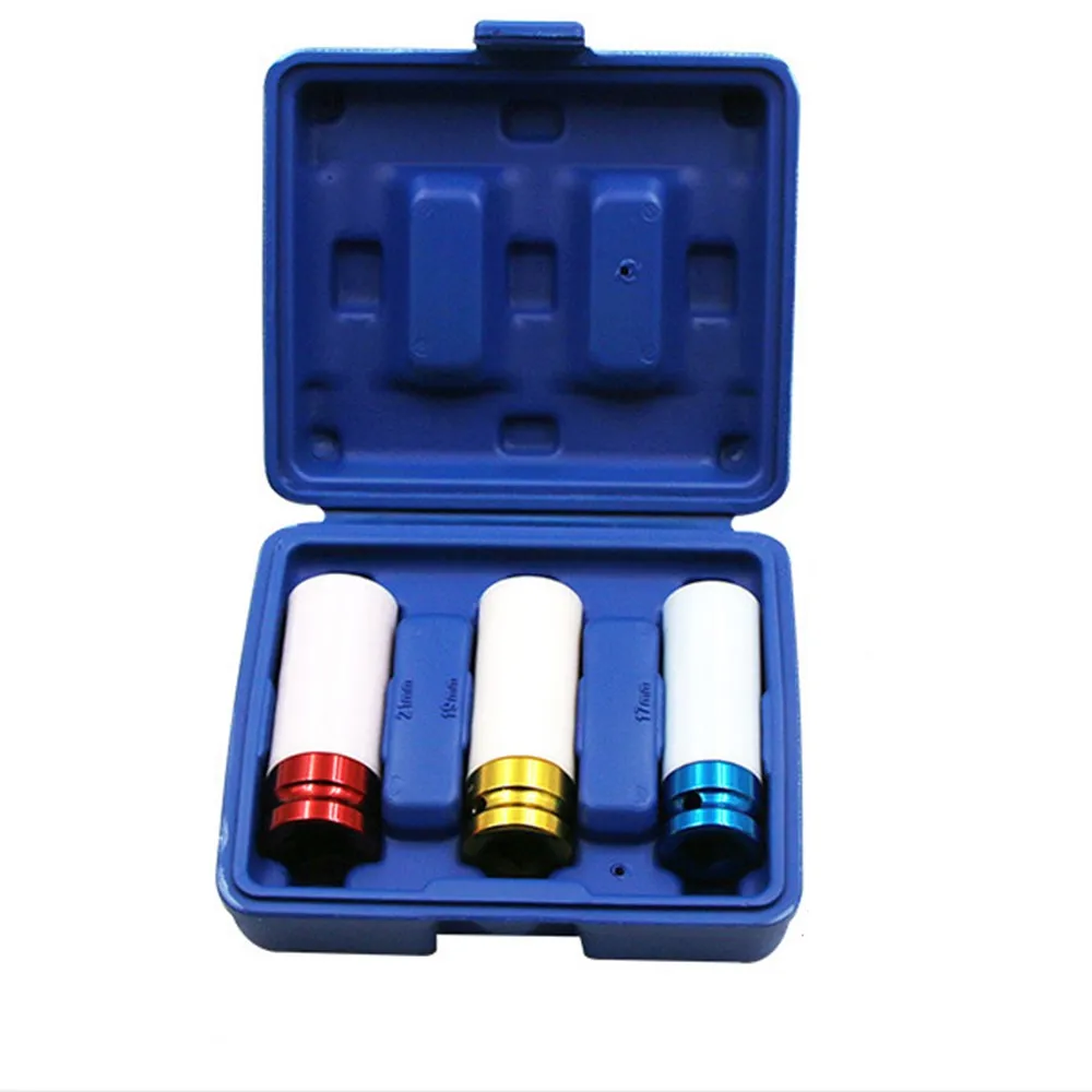 

3pcs/Lot Auto Tire Wheel Protective Sleeves With Box CR-MO Steel Wheel Wall Deep Impact Nut Drive Socket Set Car Repair Tools
