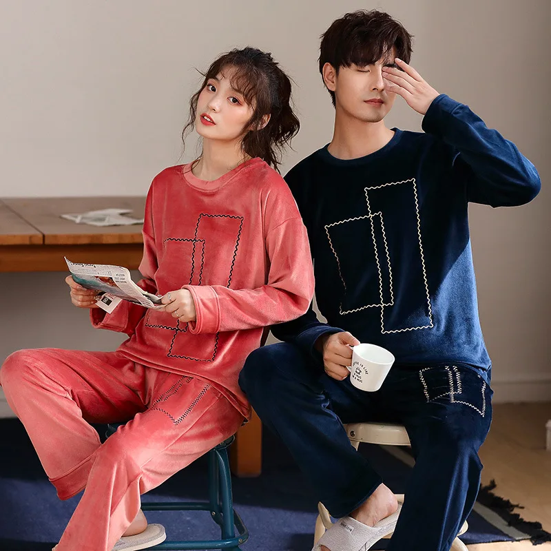 Couple Pajamas Flannel Thickened Warmth Autumn Winter Round Neck Ladies Casual Sleep Wear Men's Lounge Suits Clothes for Women