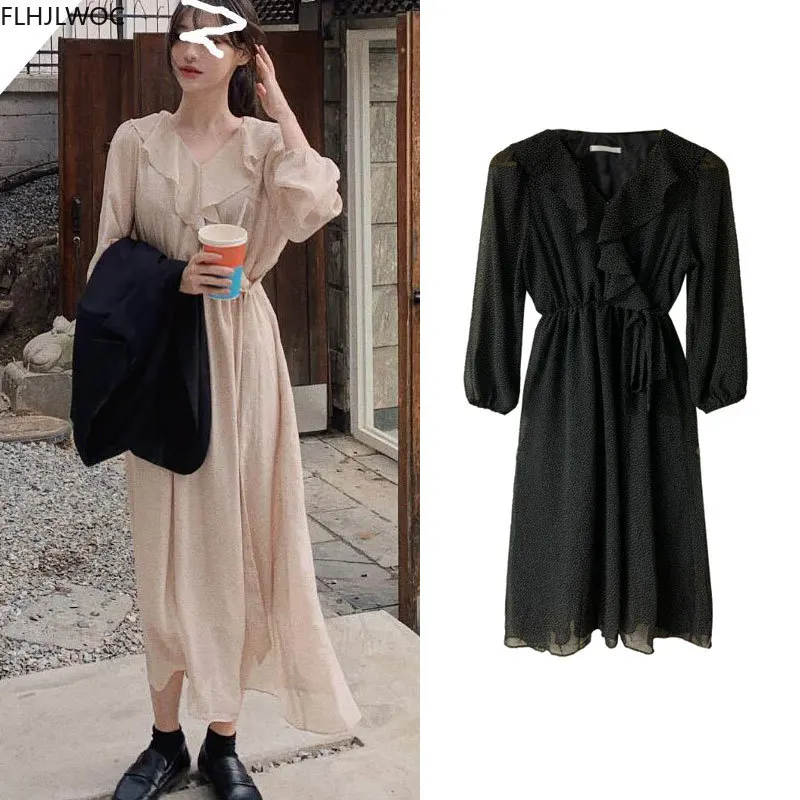 

Корейское шикарное милое платье осень-весна базовая одежда с длинным рукавом Ретро Винтажные женские платья-рубашки в горошек с оборками