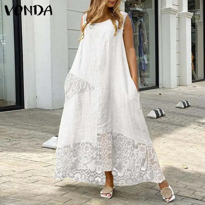 

VONDA Asymmetric Hem Dress Women Casual Solid Lace Hem Crew Neck Pleated Long Maxi Dresses Bohemian Party Vestidos Robe