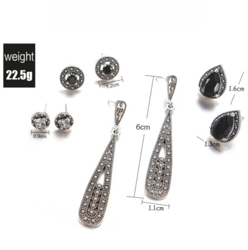 

4 Pair Bohemian Black Stone Long Ear Stud Earring Set for Party Gifts