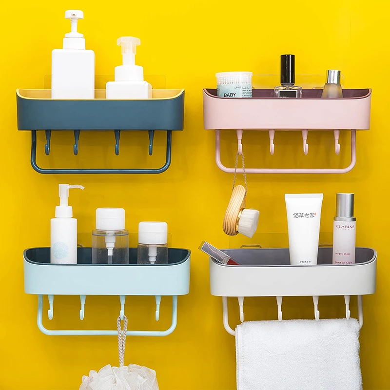 

Bathroom Organizer Shelf with Hooks Towel Shampoo Holder Shower Shelves Wall Mount Kitchen Storage Rack Home Bath Accessories
