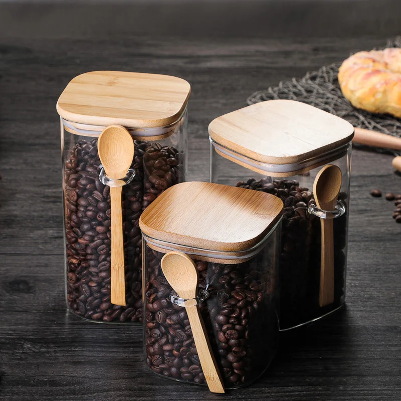 

Airtight Food Storage Jar Glass Coffee Bean Spice Sugar Flour Jars Containers with Lids and Wooden Spoon PW