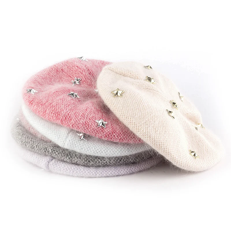 Geebro Women Star Angora rabbit Beret hat Beanies Soft Oversize Slouch hats Ladies Female Bonnet Winter Warm Fashion caps