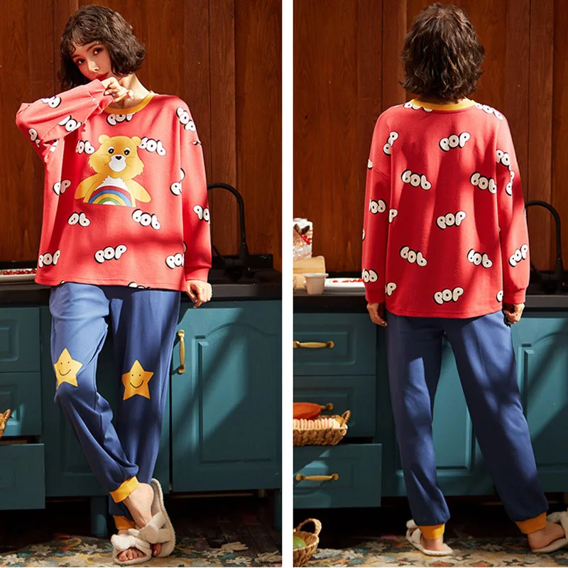 

2020 New Cute Drawing Bear Female Long-sleeved Pajamas Suit Casual Cartoon Star Trousers Home Clothes Nachtkleding Vrouwen