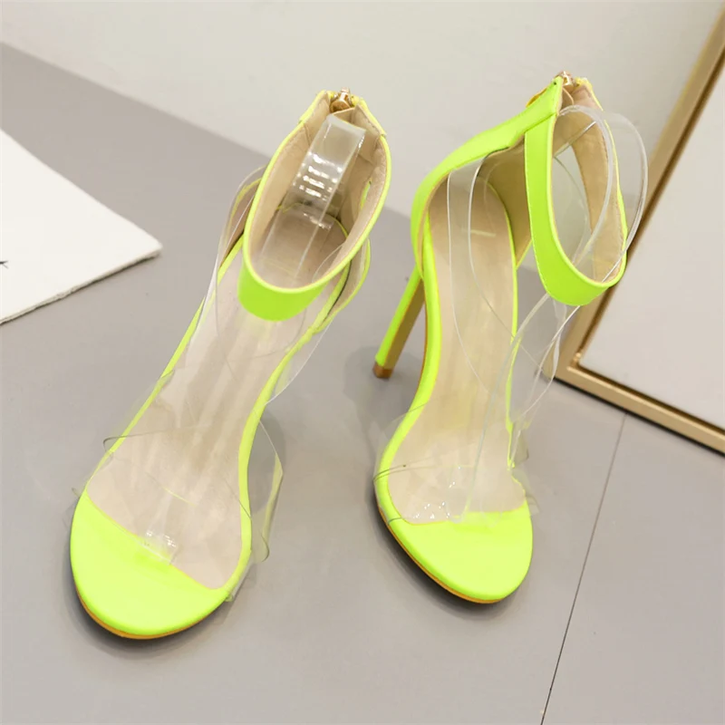 Summer Women Neon Sandals 11cm High Heels Strappy Transparent Sandals Dress Sexy Fetish Green Shoes Lady Valentine Pumps