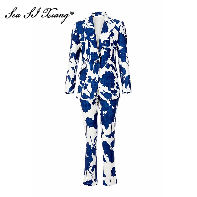 

Seasixiang Designer Spring Two Piece Suits Women's High Quality Blue Leaf Print Tops + Long Pant Suit Luxury Party Sets