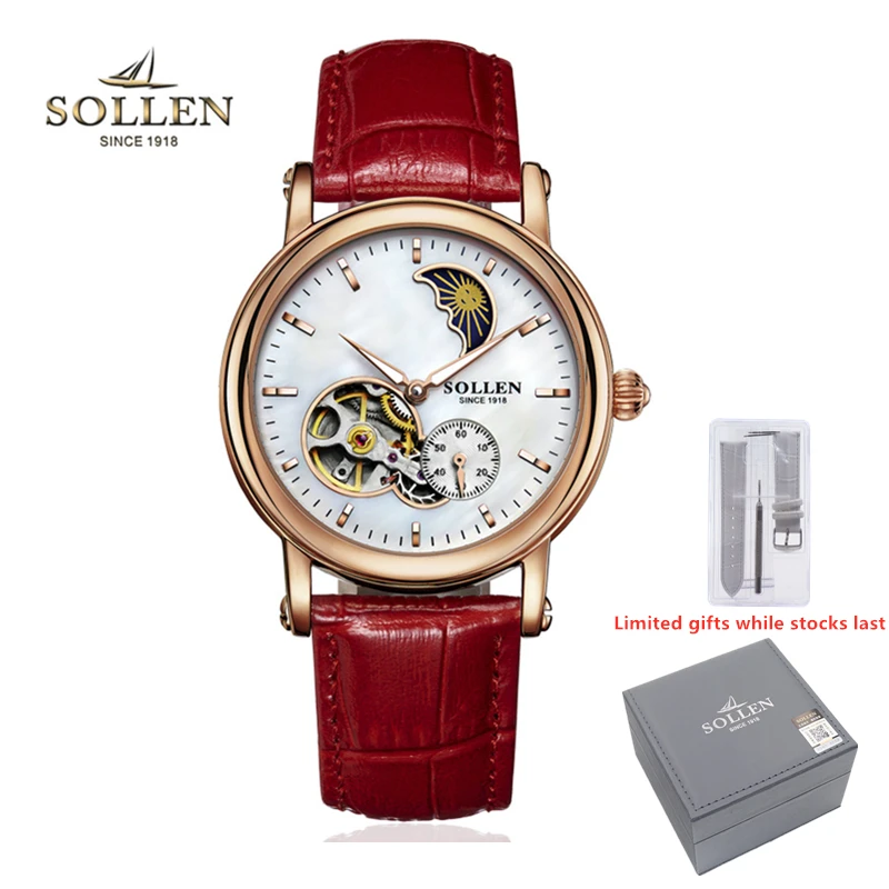 Женские Механические часы SOLLEN бренд в дневное и ночное время полые визуальный