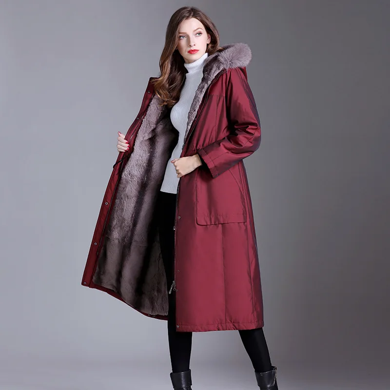 wine red longer Высококачественное длинное пальто из натурального меха кролика Рекс, женское теплое Утепленное зимнее пальто, роскошная Меховая куртка по настоящей цене от производителя - Цвет: wine red longer