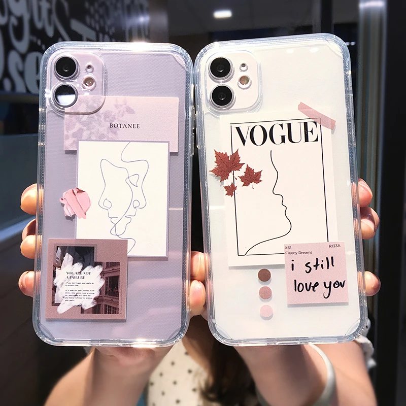 

Cute Cartoon Art Couple Label Clear Phone Case For iPhone 11 12 13 14 Pro Max X XS XR 7 8 Plus SE 2020 Transparent Soft Cover