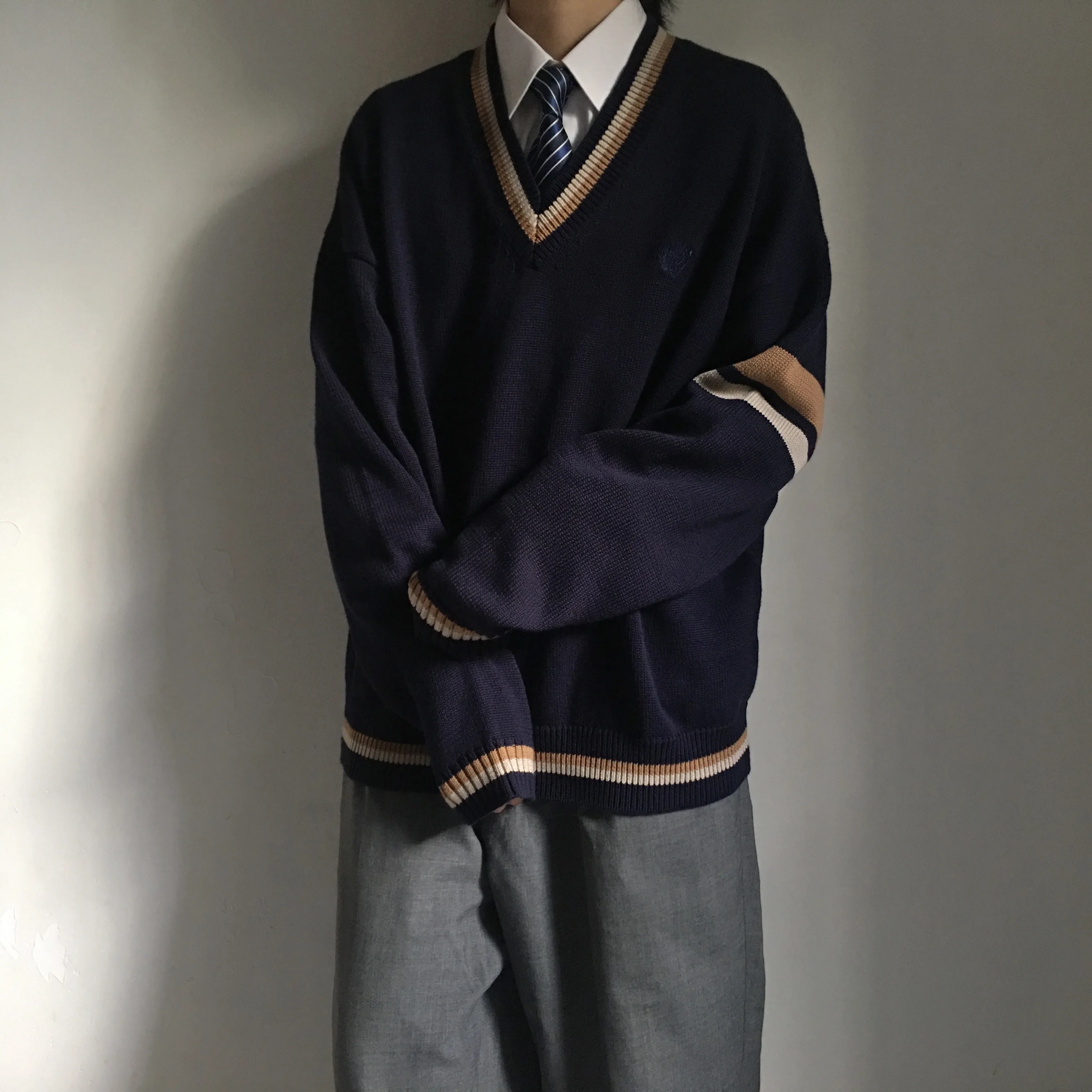 

Men Spring Autumn JK V-Neck Embroideried Knitted Sweater Shirt Preppy Style Couple Casual Top Pullovers Clothes Uniform Outwear