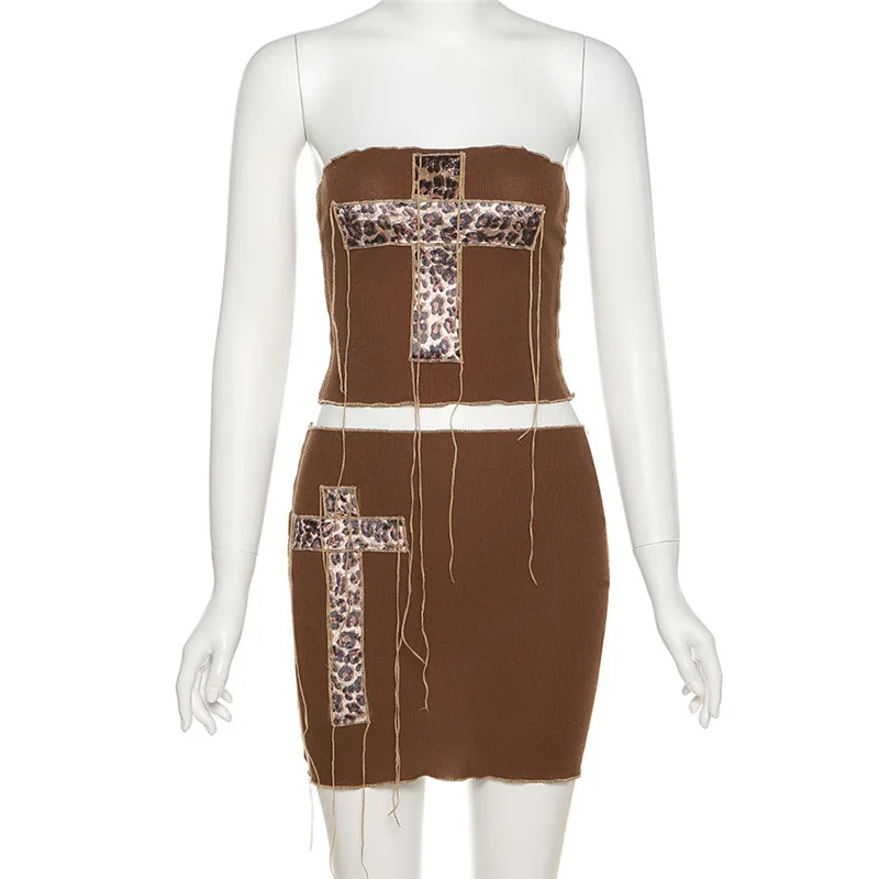 

GothGotik Gothic Sexy Top Skirt Set Velvet Leopard Print Slim Bofycon Party Club Clothing Casual Summer Streetwear Backless