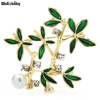 wulibaby enamel bamboo pearl brooch pins crystal plant jewelry brooches gift for women 2021