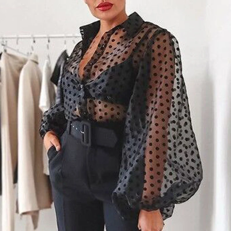 VIEUNSTA Women Mesh Sheer Blouse See-through Lantern Long Sleeve Blouse Fashion Polka Dot Button Transparent Shirt Female Blusas