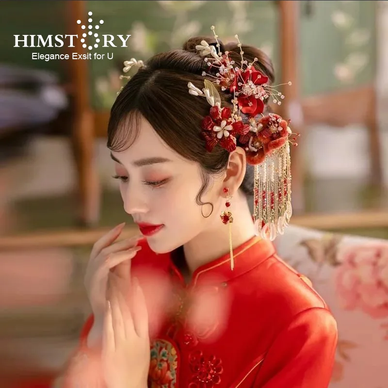 

HIMSTORY Chinese Hanfu Hair Accessories Set Vintage Red Velvet Flower Design Handmade Hairpins Traditional