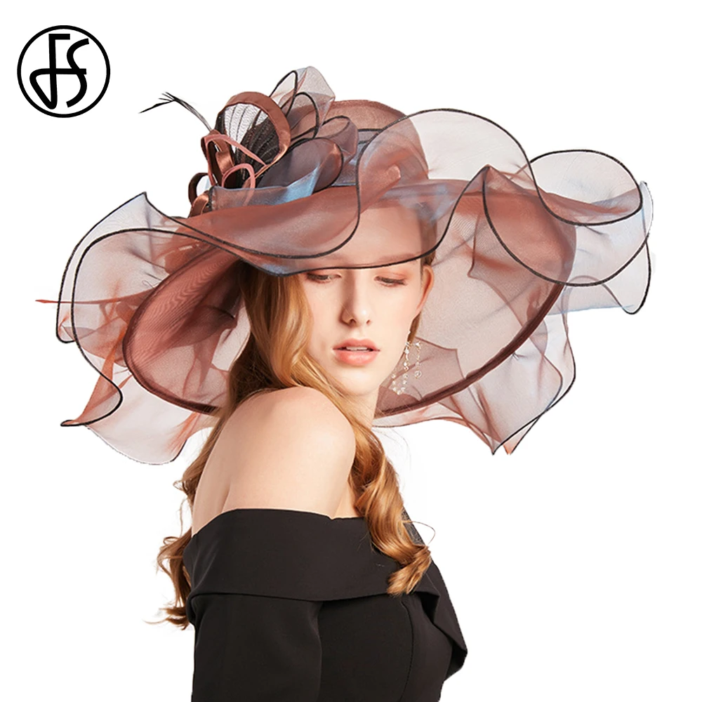 

FS Summer Sun Fascinator Hat Elegant Wide Brim Fedora Party Wedding Hat Organza Church Dress Large Brim Derby Hats