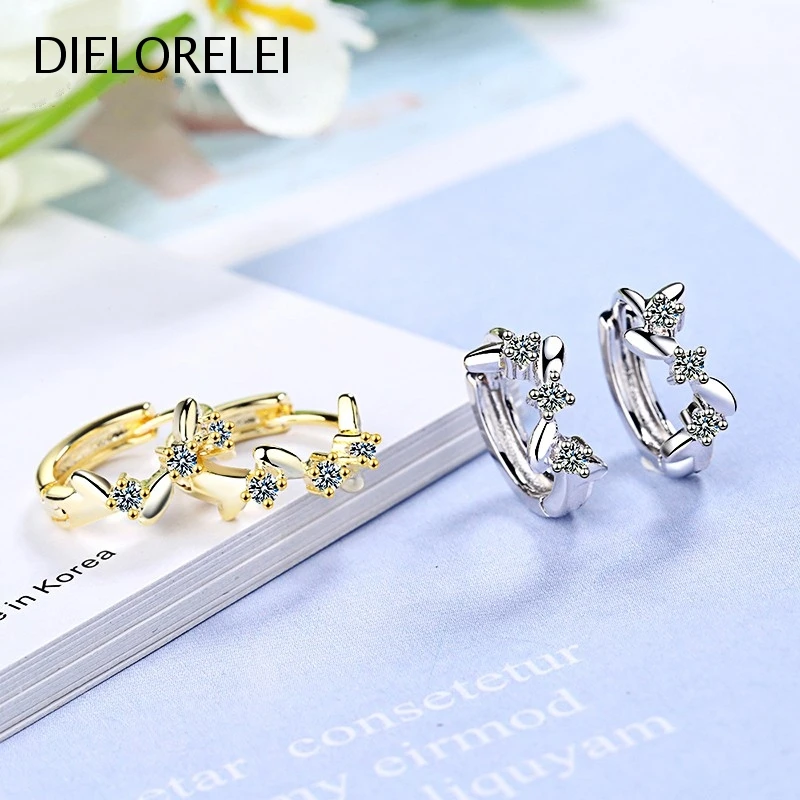 

DIELORELEI 925 Sterling Silver Girls Leaf Crystal Hoop Earrings For Women Style Temperament Jewelry Simple