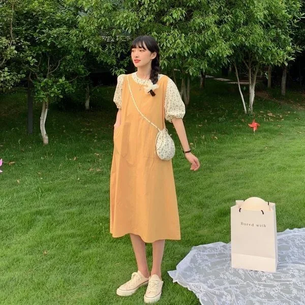 

Japanese Patchwork Ruffles Party Princess Lolita Dress Vestidos 2021 Kawaii Yellow Women Dress Spring Casual Floral Puff Sleeve