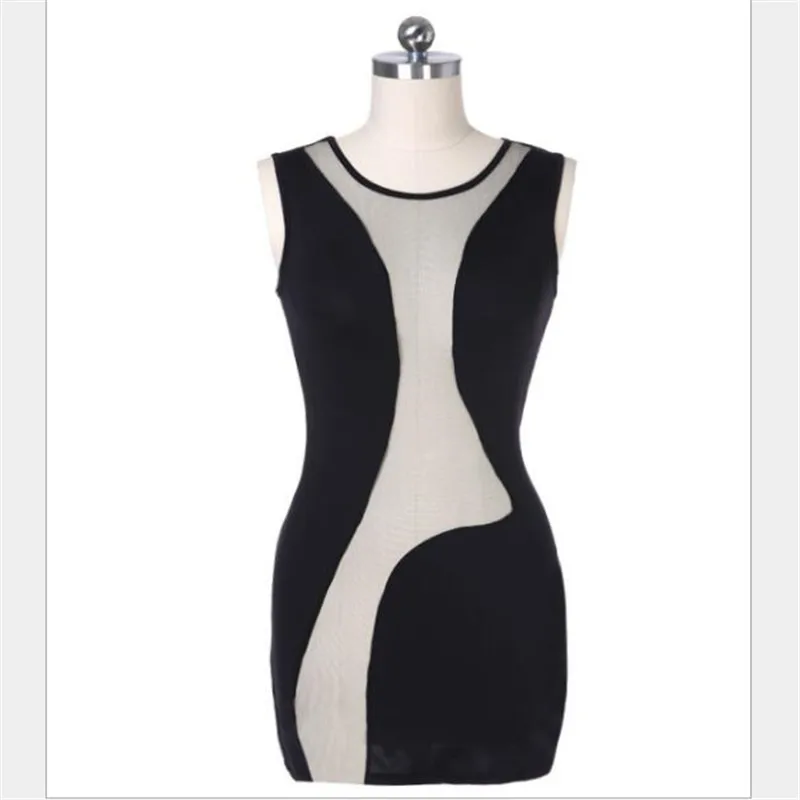 

Summer Sexy Transparent Mesh Ladies Sleeveless O-neck Stitching Dress Nightclub Tight-fitting Bag Hip Solid Color Mini Dresses