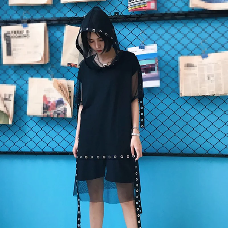 GALCAUR Ribbons Patchwork T-shirts For Women Hooded Short Sleeve Mesh Women's Tops Ocersized 2020 Streetwear Style New | Женская