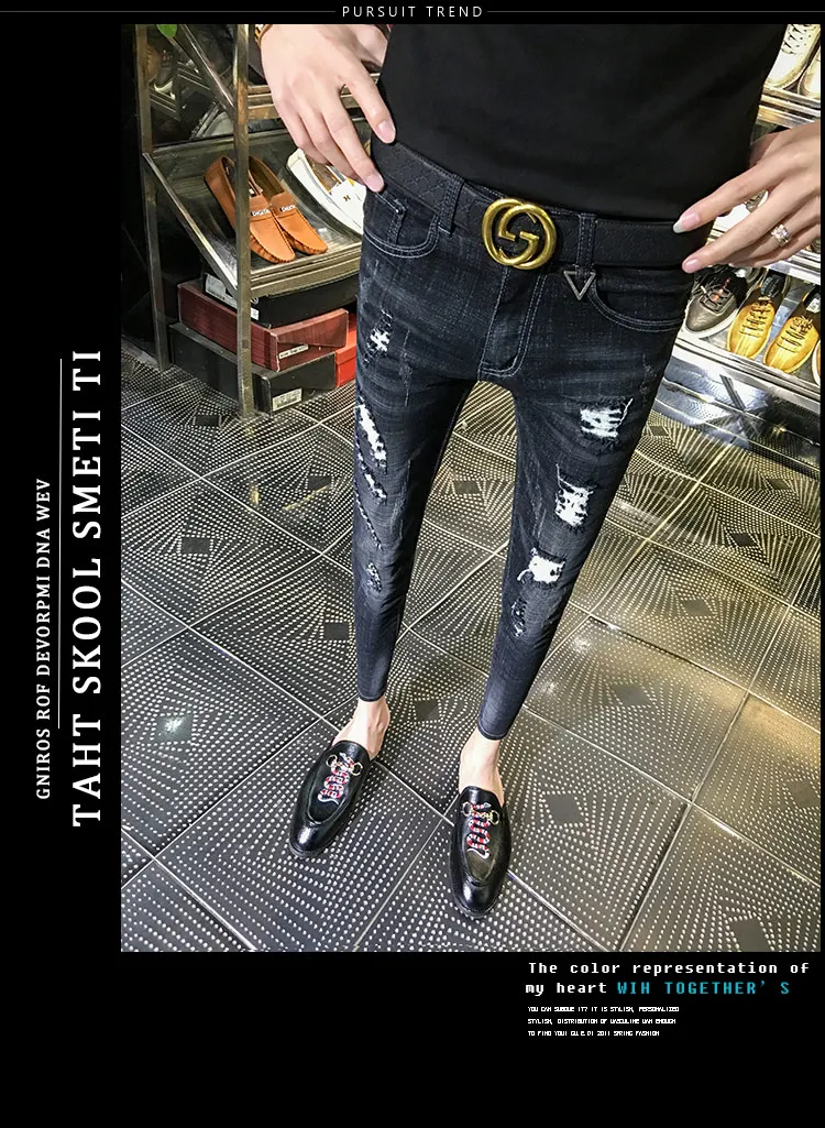 NEW spring autumn skinny strech Casual ripped hole fashion black teenagers hip hop cowboy denim leg jeans men pencil pants