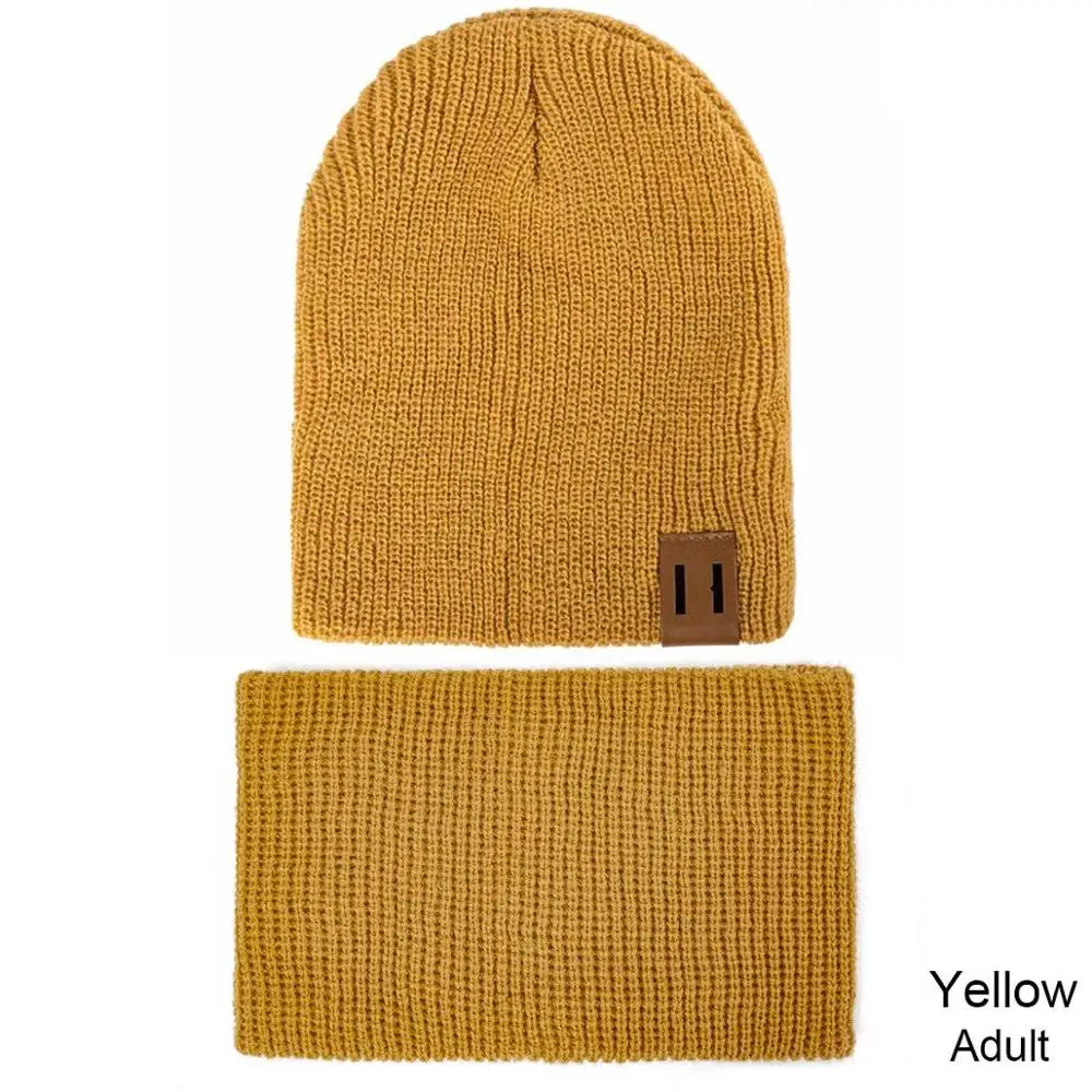 yellow Adult Модная женская шапка и шарф для детей, вязаная зимняя шапка, шарф для детей, колпачок, девочка-мальчик, одноцветные шапки с логотипом - Цвет: yellow Adult